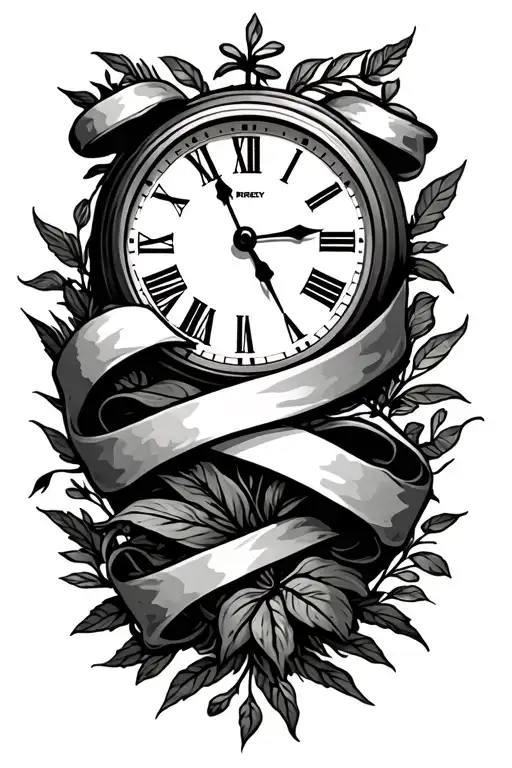 Clock Wrapped With A Banner With A Date Tattoo With Plants In The Background