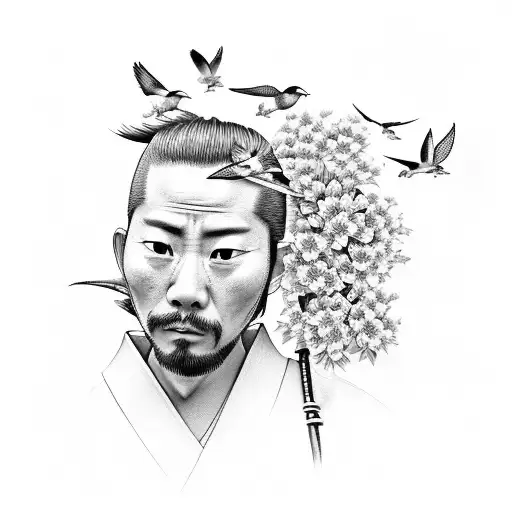 Realism Samurai In Garden With Birds An Flowers