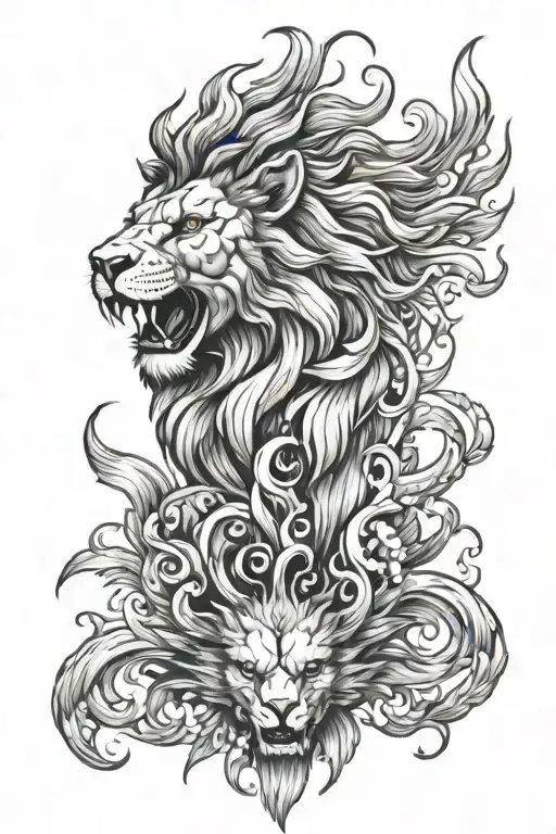 Lion Head With Phoenix Rising From Flames