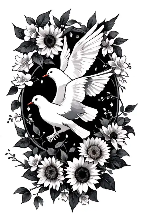 Cherry Blossom Vines Coming Up The Arm With Doves Birds And Sunflowers