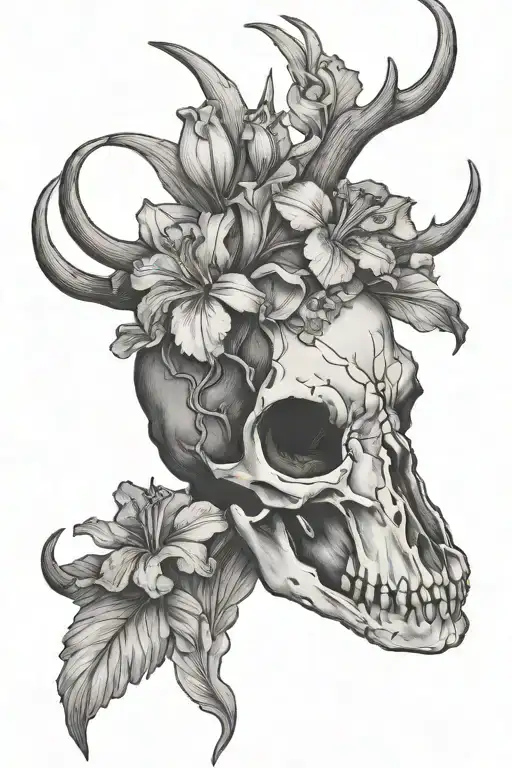 Iris Flowers Covering Antlers Of A Deer Skull