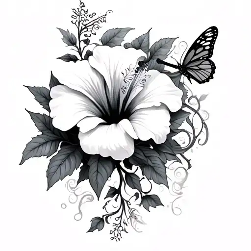 Hibiscus Flower Tattoo With Vines Surrounding And Tangled On It And A Butterfly With A Broken Wing