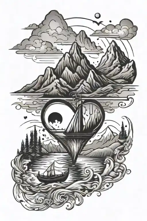 Mountains And Heart Shape Water And Boat