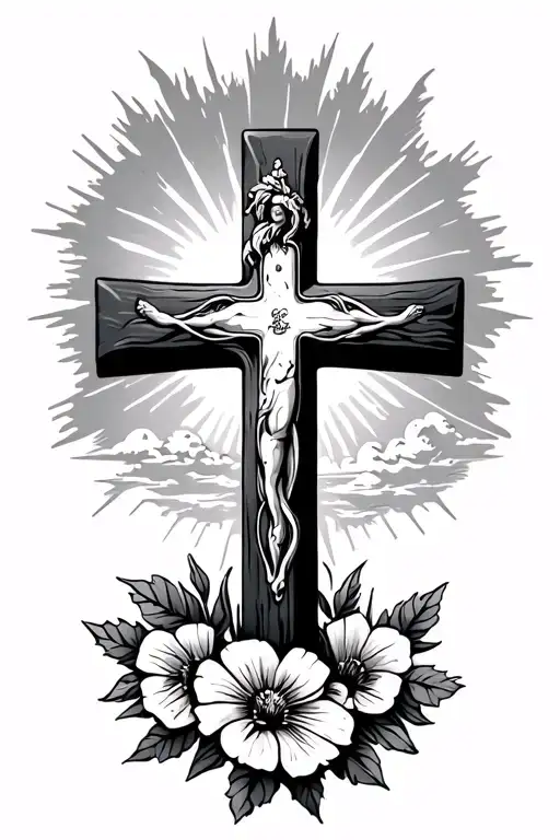 A Cross With September Birth Flowers At The Bottom With Clouds And Rays Of Sun In The Background