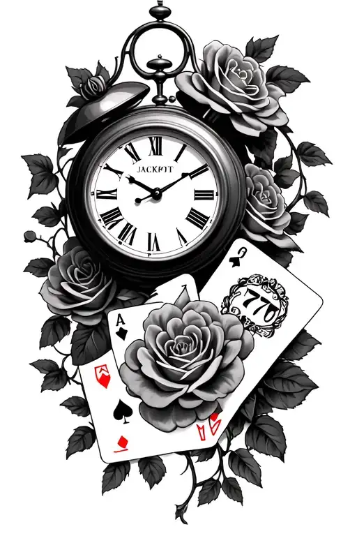 Clock With Roses And Vines And Cards Showing 777 With A Jackpot