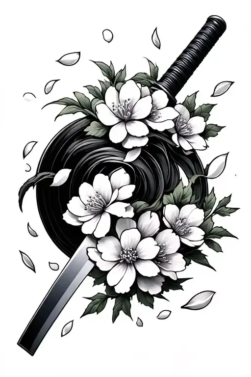 Cherry Blossom Petals Falling On Katana