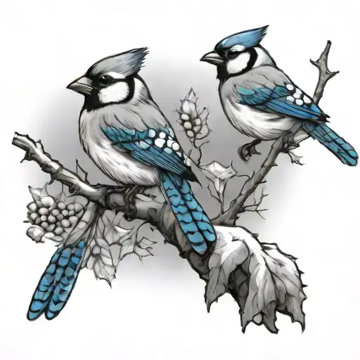 Cardinal And Blue Jay On A Birch Tree Branch