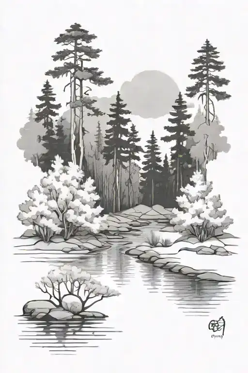 Black And White Forest With A River