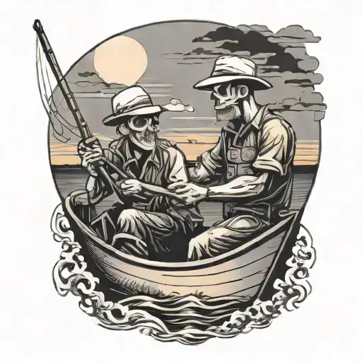 Skull And Sunset With Two Men Fishing On A Boat