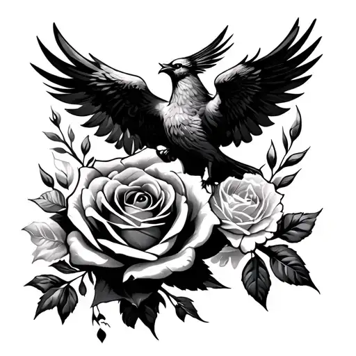 Black Rose And Bird Phoenix Flying Up