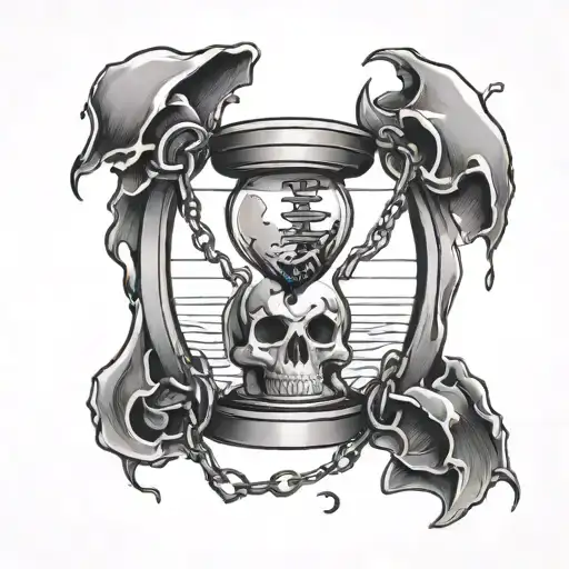 An Hourglass Breaking Through A Chain Or A Tiny Piece In Background With Skulls