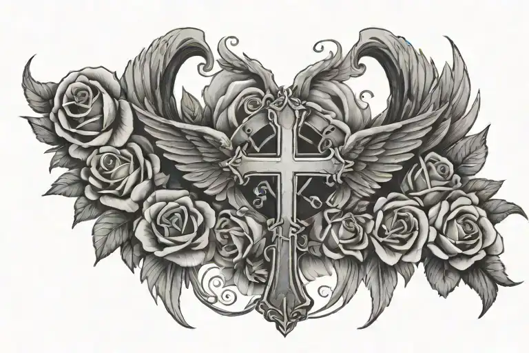 Open Angel Wings With Cross And Halo In Between Surrounded With Roses