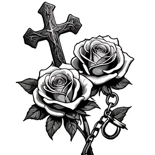 2 Roses With Christian Cross And A Couple Of Shackles