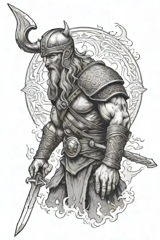 Photorealistic Aggressive Looking Viking Warrior Standing In Front Of Burning Village