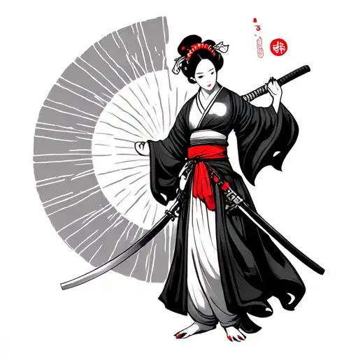 Geisha Standing Sideways With A Down Hand Holding A Katana In It