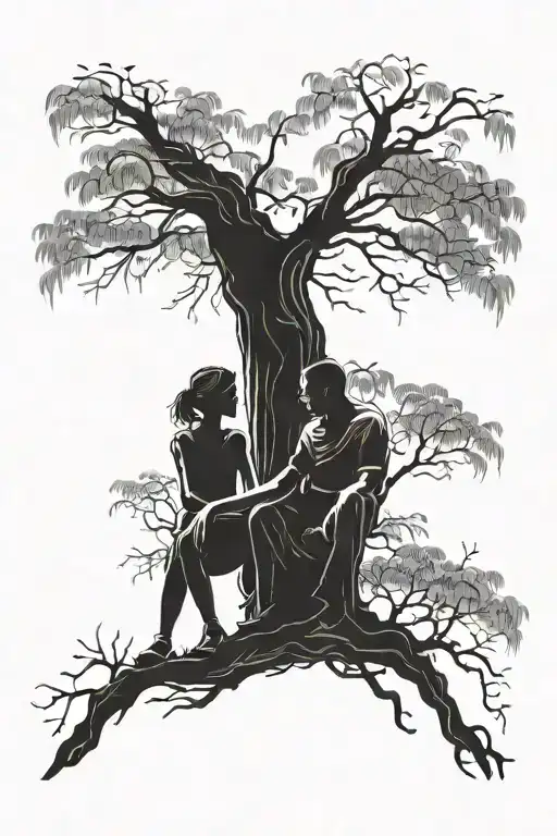 Silhouette Willow Tree With Dad And Daughter Leaning On The Tree