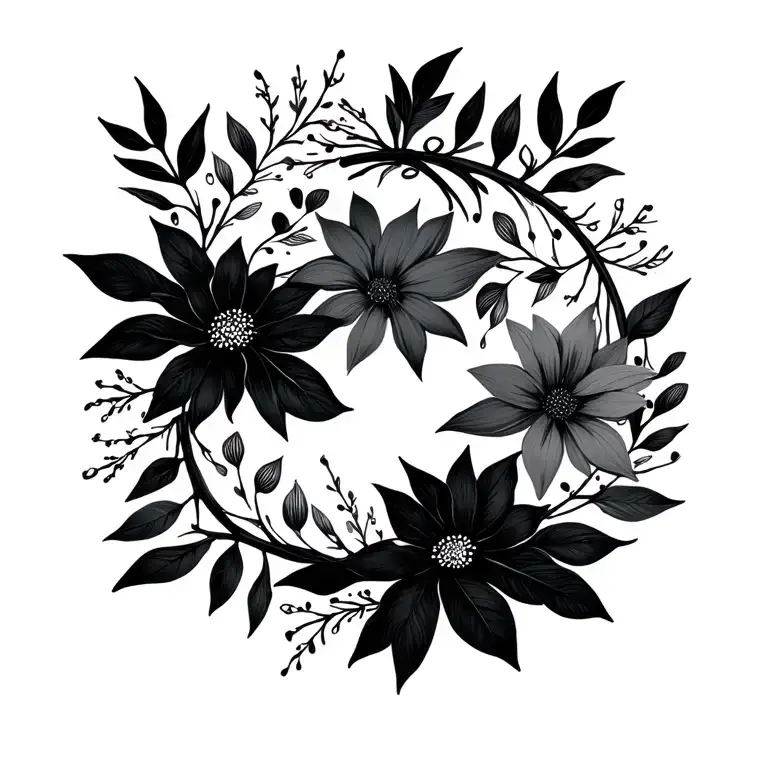 Minimalist Circle Wreath Of Flowers And Leaves Intertwined