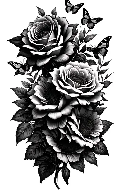 Butterflies Roses Sunflowers Long Greens Stems