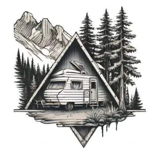 A-frame Camper Nestled In A Forest With Mountains In The Background