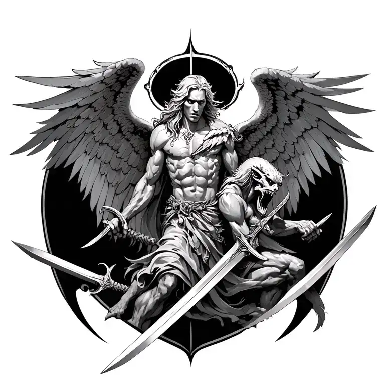 Archangel Fighting Demons With Swords
