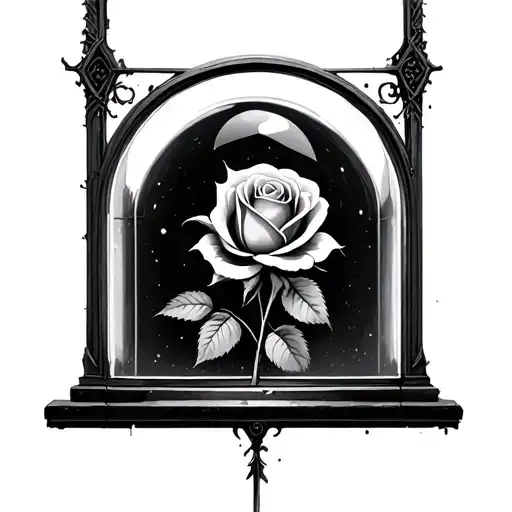 Patchwork Style Of A Rose In A Glass Dome Through A Gothic Archway Window
