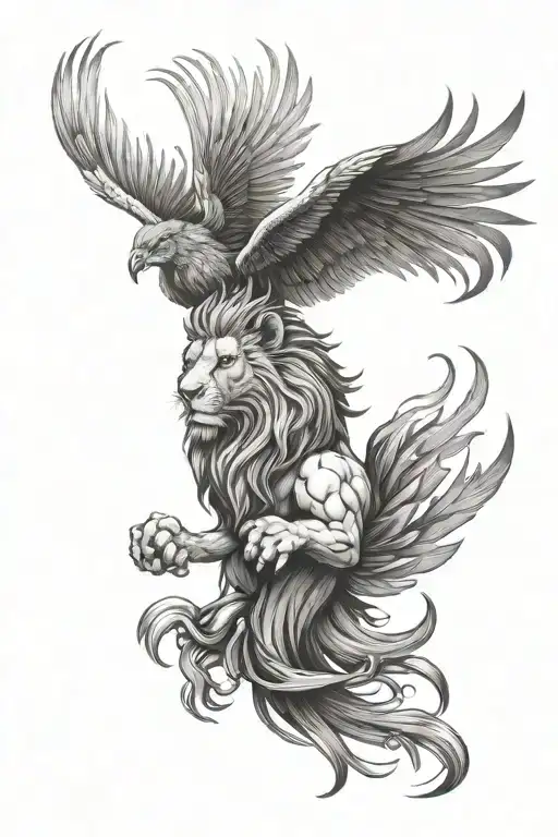 Lion Head With Phoenix Flying