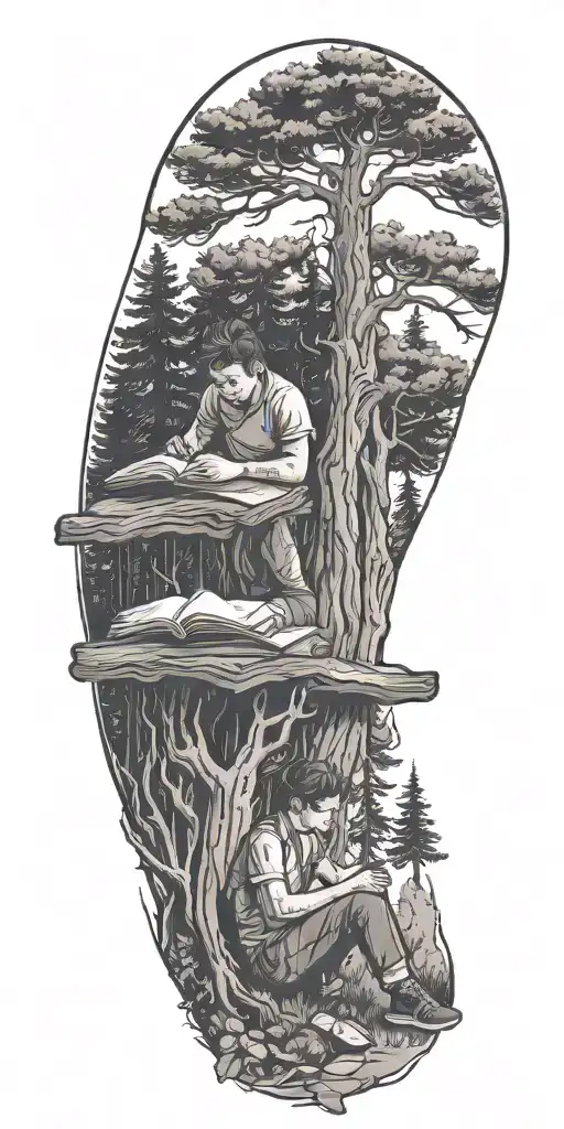 A Student Studying Under A Tree With A Book Surrounded By Pine Trees