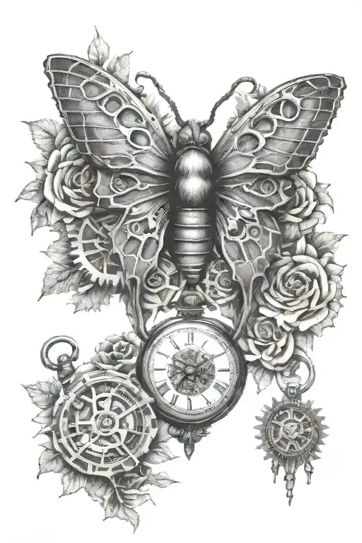 Death Moth Roses Pocket Watch Surrounded By Gears
