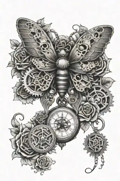 Death Moth Roses Pocket Watch Surrounded By Gears