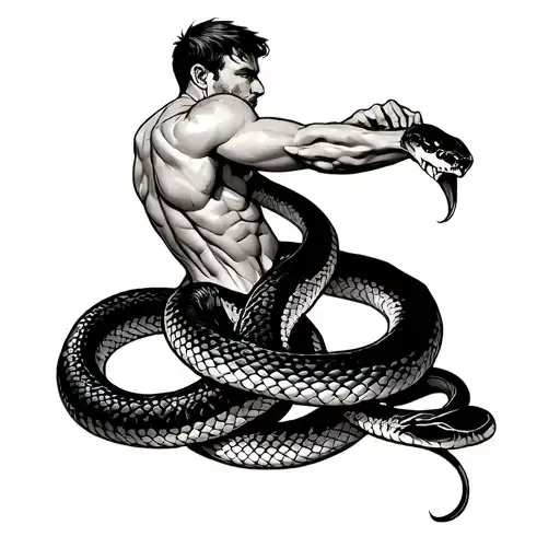 Man Fighting A Snake Coiled