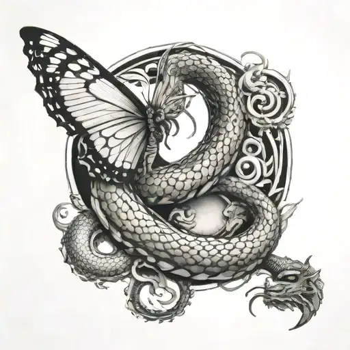 Butterfly Dragon And Snake And Moon Tattoo Design Featuring