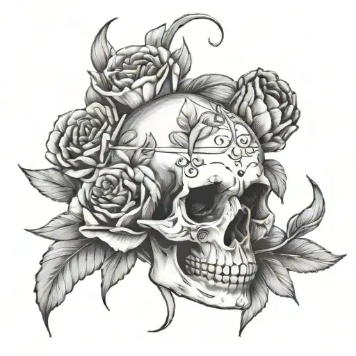 Fine Line Feminine Skull With Tulips And Carnations