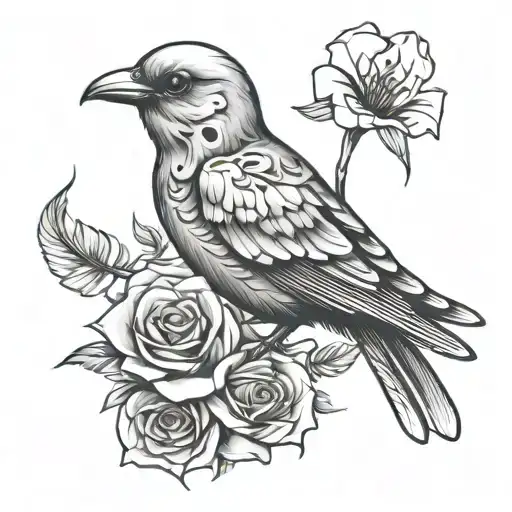 Skeletal Bird Carrying Arose In Its Beak