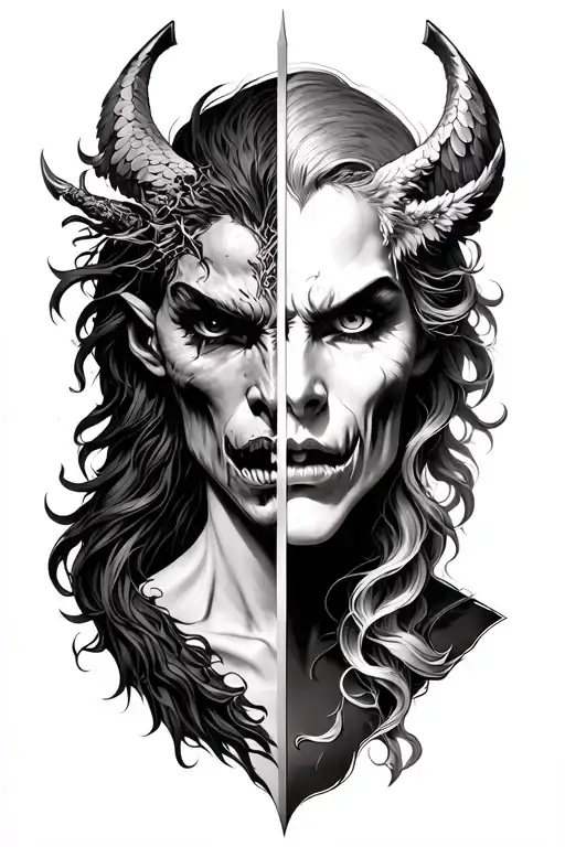 Half Demon Half Angel Holding A Sword Angel Face And The Other Is Demon Face