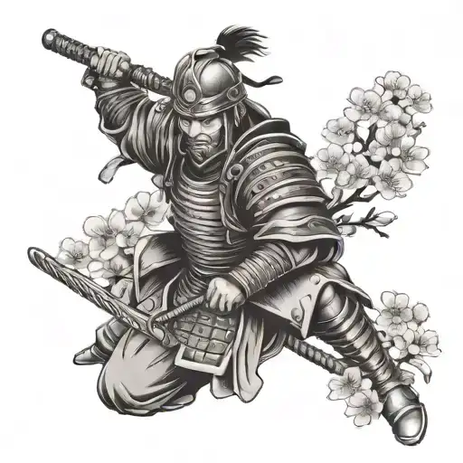 Japanese Samurai Warrior With Armor And Sword Surrounded By Cherry Blossoms