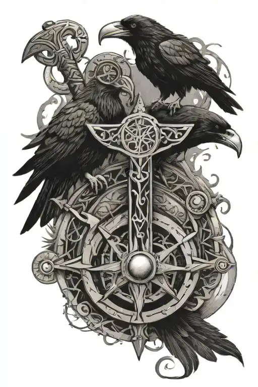 Thors Hammer And Odins Ravens With A Viking Compass