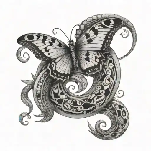 Butterfly Snake And Moon Tattoo Design Featuring Elements