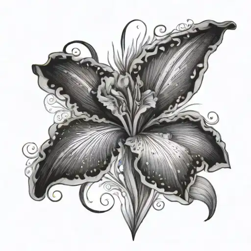 A Black-grey Tattoo Of A Mystical Iris Flower Surrounded By Swirling Nature Patterns