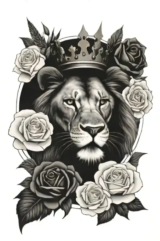 Lion Mouth Open With Crown Surrounded By Roses