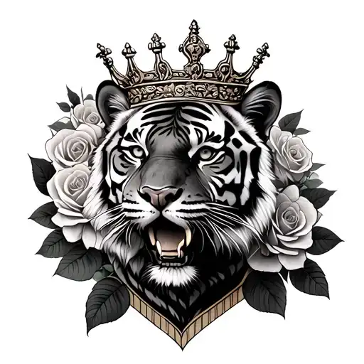 A Garden Of Roses With A Tiger Wearing A Crown