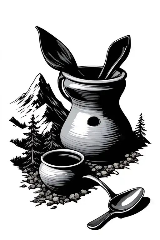Mountain Scene Featuring Pots Spoon