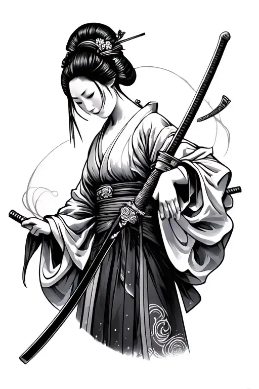 Geisha Standing Sideways With A Katana In His Hand And Hands On His Whole Hand
