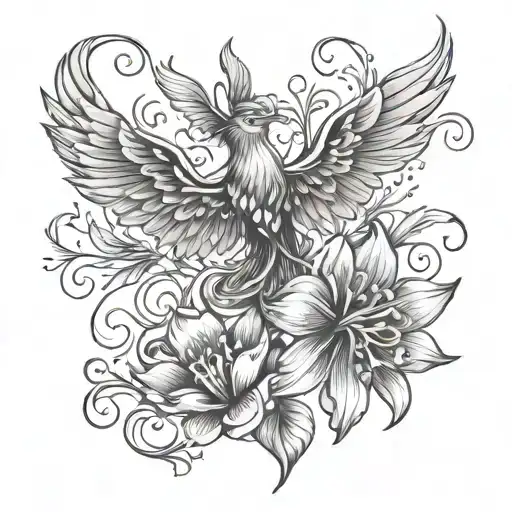 Dicentra Flower With Phoenix And Butterfly Above It Flying Away