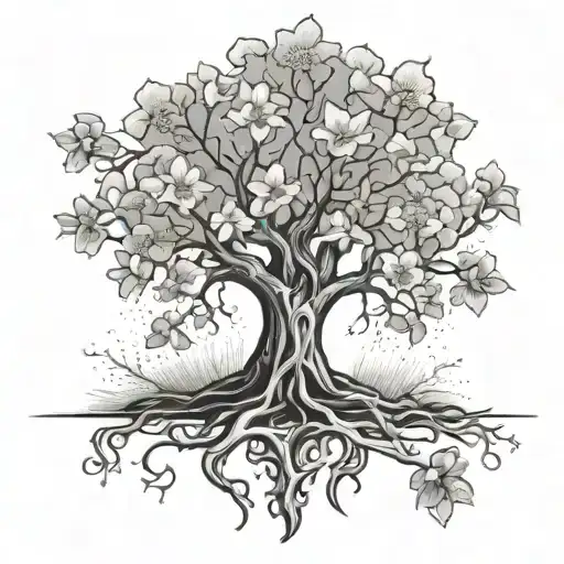 A Dotwork Tattoo Of A Majestic Gondor Tree With Iris Flowers Blooming At Its Roots