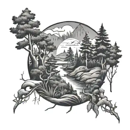 Design A Tattoo Of A Forest Landscape With Hidden Musical Elements And Chiropractic Tools