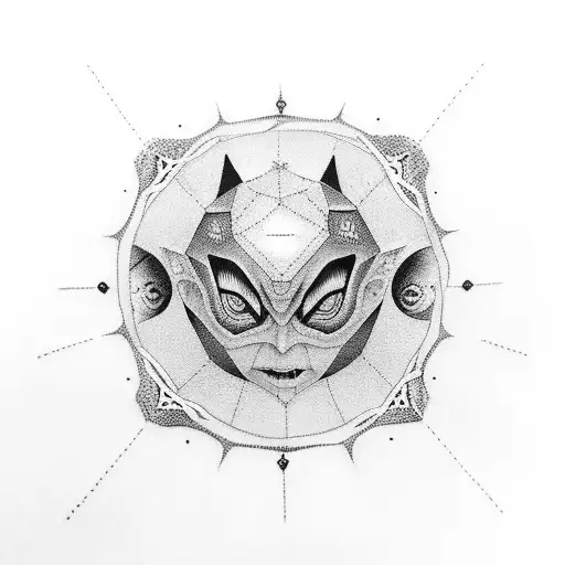 A Dotwork Tattoo Of A Dark Trap Figure Walking Towards A Mesmerizing Sunset