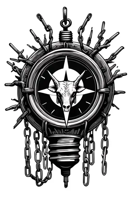 Small Compass Surrounded By Chains And Branches With A Faint Bulls Head In A Lightbulb