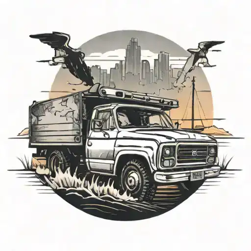 Sunset With Truck In The Middle