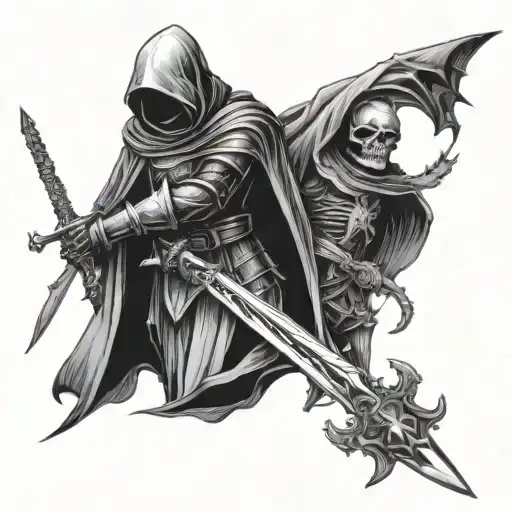 Knight With Sword And Grim Reaper In Cloak Placed Upside Down Of Each Other