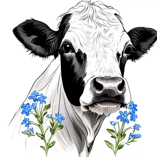 Hyland Cow With Forget Me Not Flowers